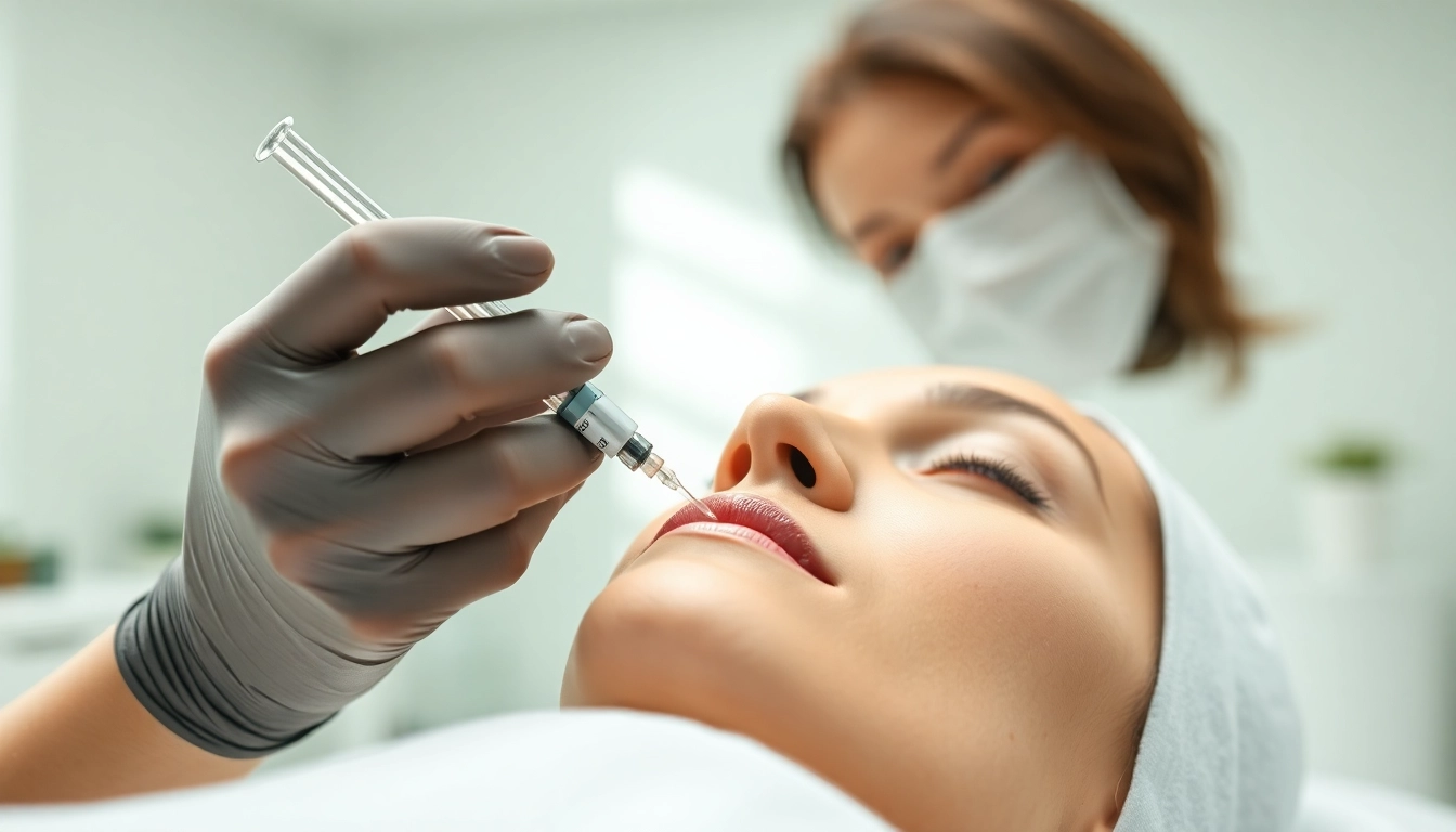 Erfahrene Behandlung mit mesotherapie gesicht zur Hautverjüngung. Sanfte Handgriffe eines Dermatologen.