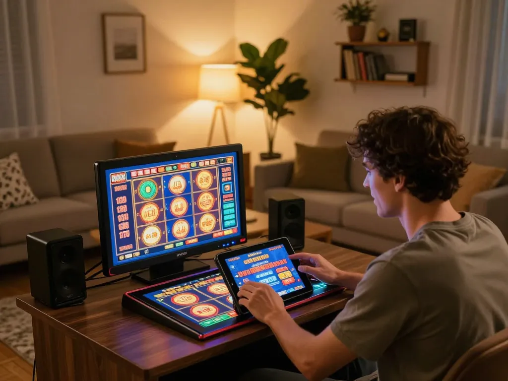 Player enjoying online slots at home with Man 88 gaming tablet, showcasing vibrant graphics and cozy ambiance