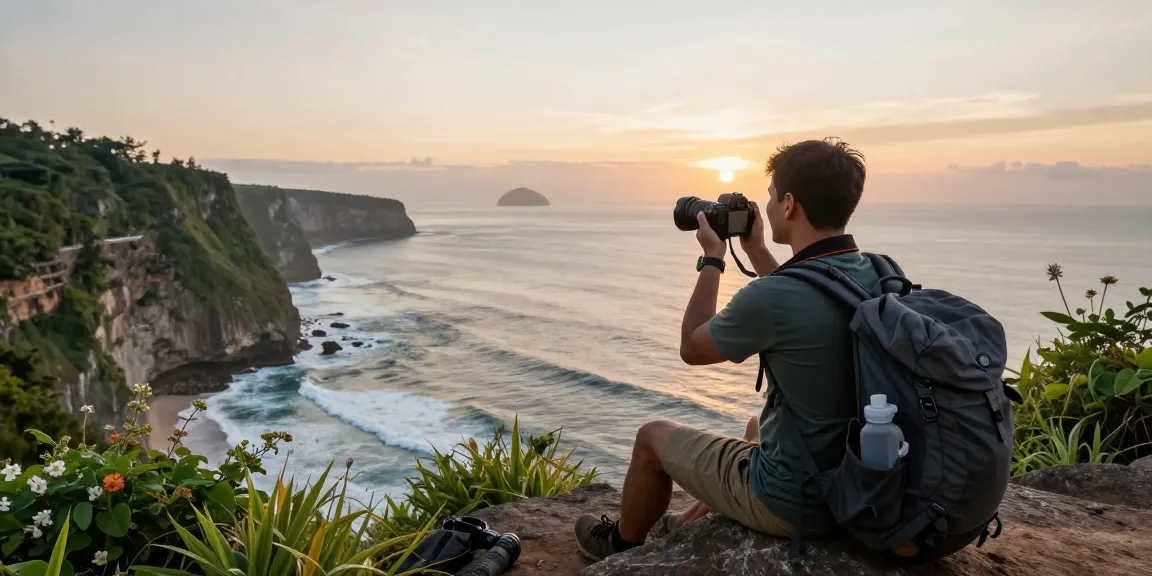 Captivating coastal viewpoint scene highlighting 'rokok88 alternatif' travel adventures with a hiker enjoying the sunrise.