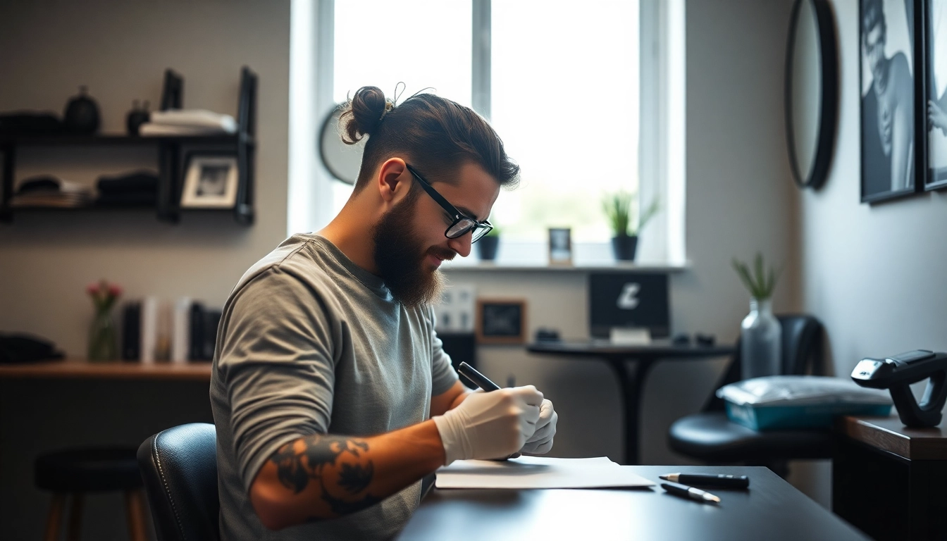 Professioneller Tätowierer im Tattoo Studio München bei der Arbeit an einem kunstvollen Design.