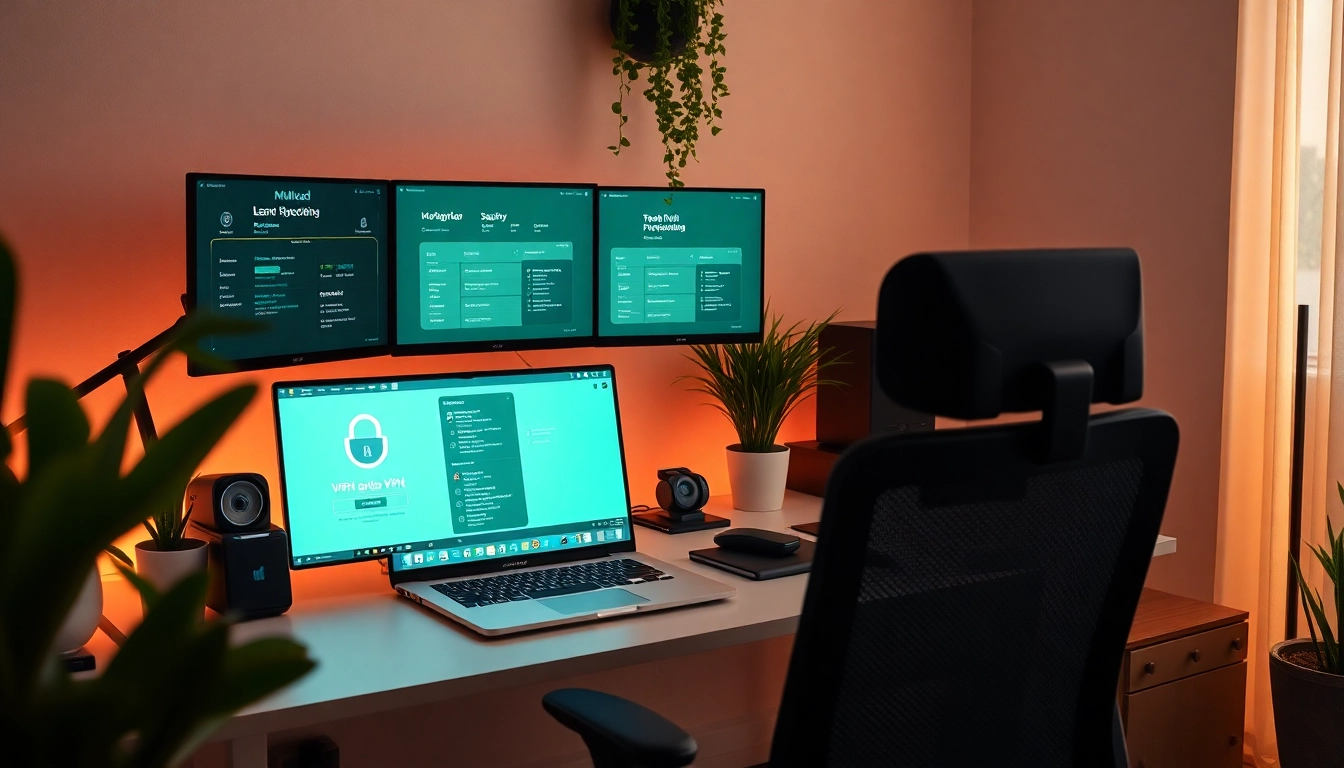 Mullvad VPN workspace with modern tech setup showcasing security and privacy features.