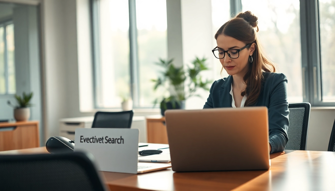 Die Beraterin führt eine Executive Search Vertrieb Sitzung durch, mit einem Fokus auf Professionalität und moderne Technologien.