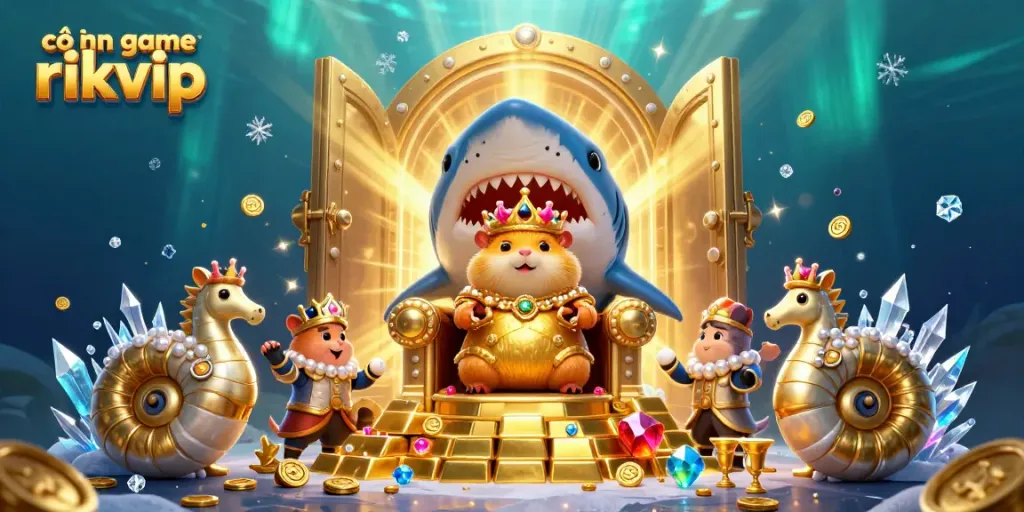Experience the excitement of the cổng game rikvip with treasures, vibrant characters, and casino elements in a rich underwater scene.