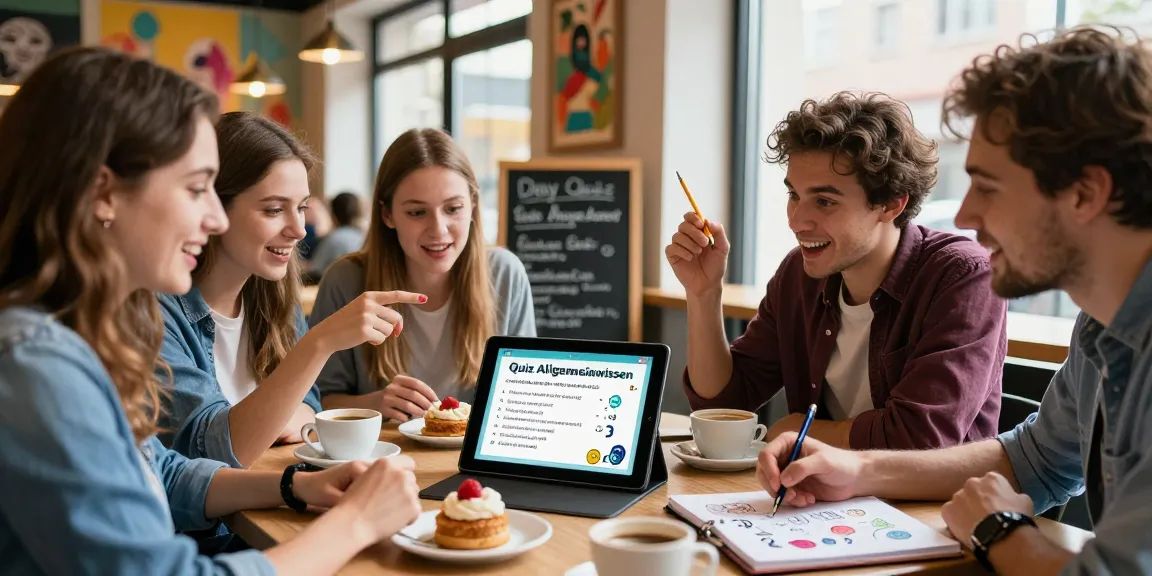 Group of friends enjoying a quiz Allgemeinwissen session at a coffee shop, showcasing excitement and engagement.