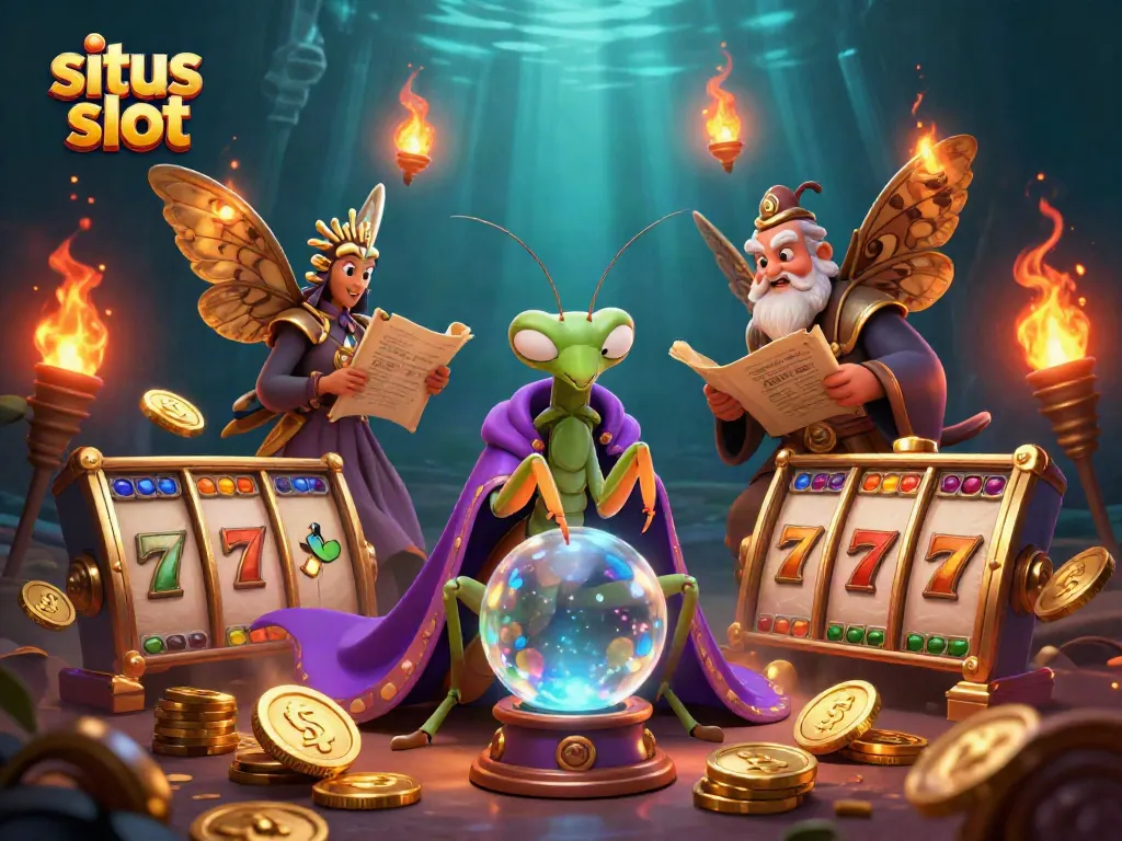 Experience the thrill of situs slot with a vibrant 3D illustration of fortune tellers and slot reels.