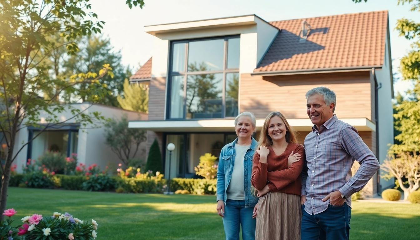 Glückliche Familienmitglieder beim Hauskauf vor einem modernen Wohnhaus mit einem schönen Garten.
