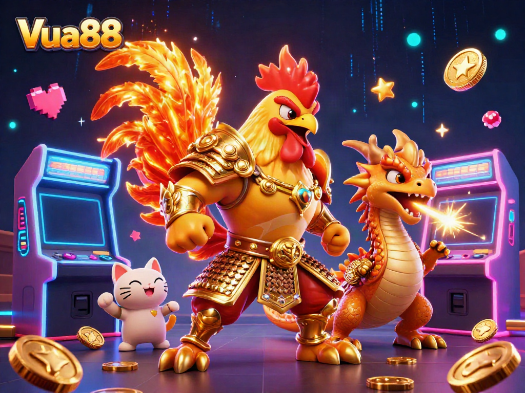 Vua88 showcases an exciting 3D scene with a rooster warrior and dragon hatchling amidst rich casino-themed elements.