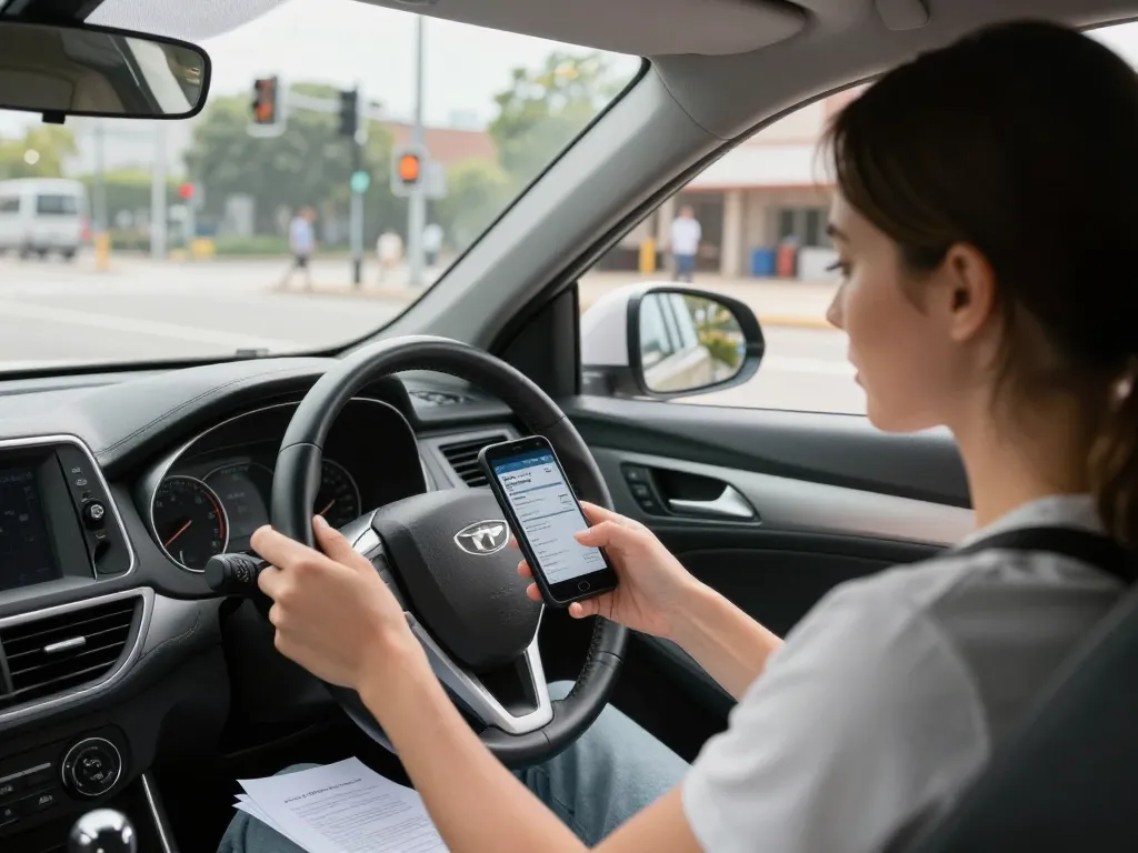 Darf man mit Cannabis Rezept Auto fahren? Medizinischer Cannabis-Nutzer prüft verantwortungsbewusst sein Rezept während der Fahrt in einer städtischen Umgebung.