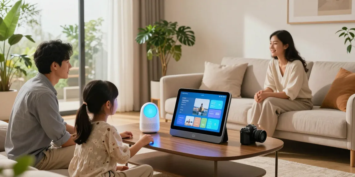 Smart Home Blog showcasing family interacting with smart devices in a modern living room.