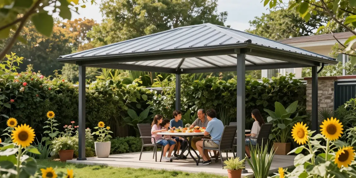 Moderne Terrassenüberdachung freistehend in einem Garten mit Familie beim Essen.