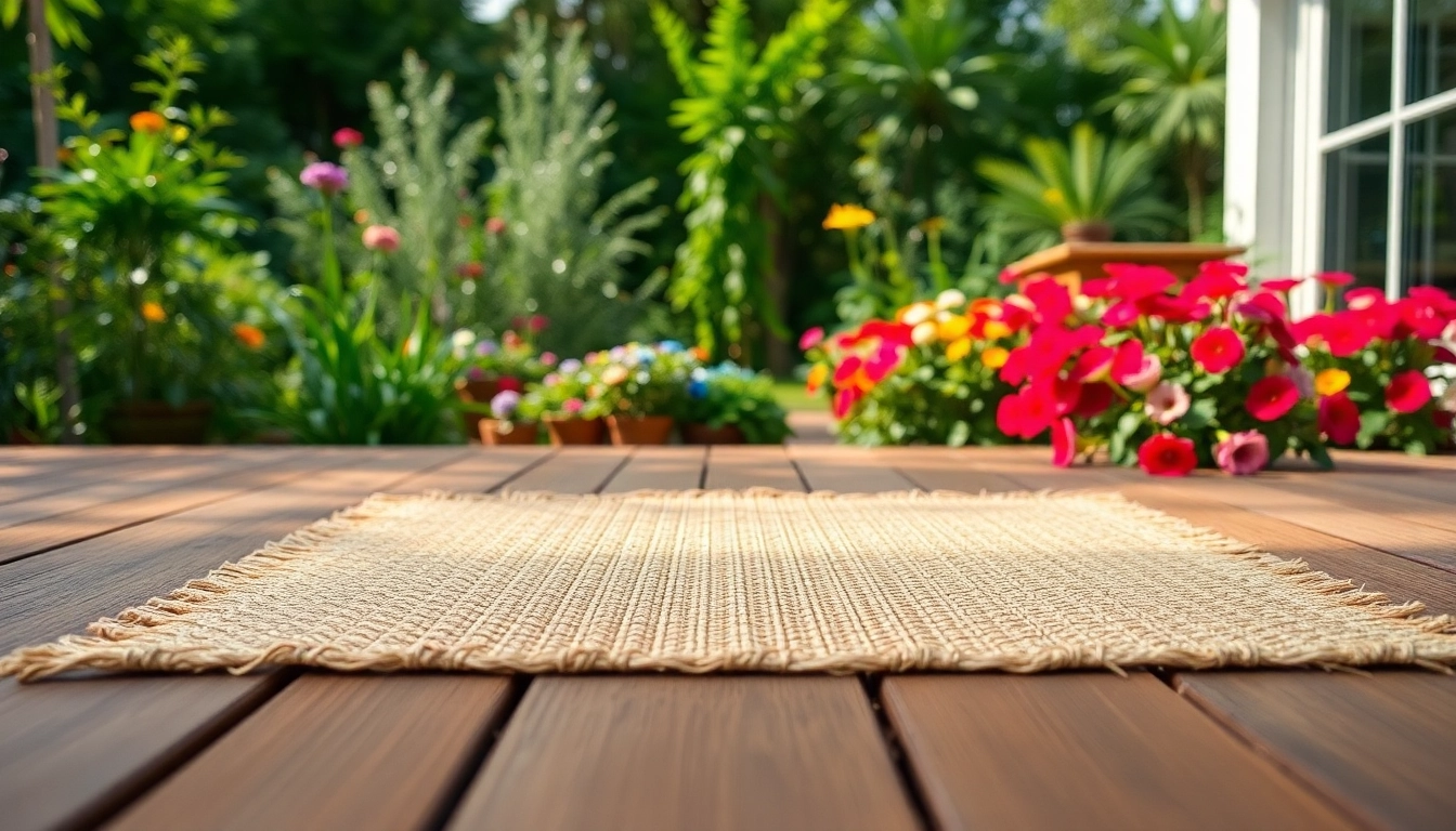 Hanfmatte in einem schönen Gartenumfeld, umgeben von Pflanzen und Blumen.