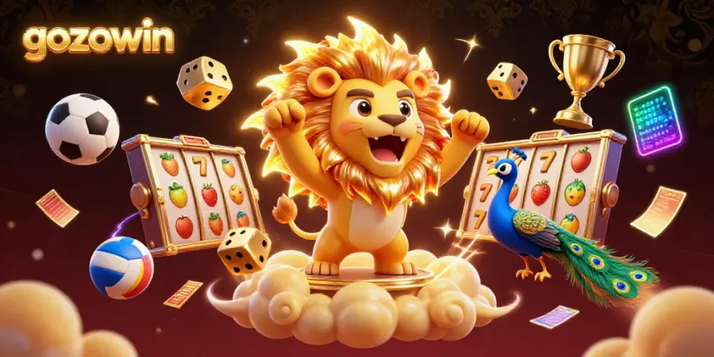 Engage with the exciting atmosphere of gozowin featuring a triumphant sun lion and casino elements.