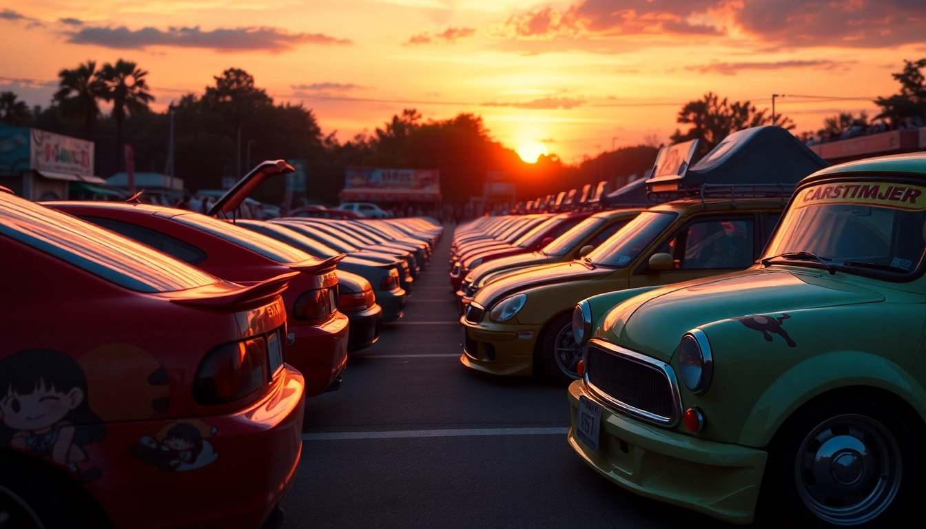Showcase of anime autos with colorful designs and character decals at a vibrant car show.