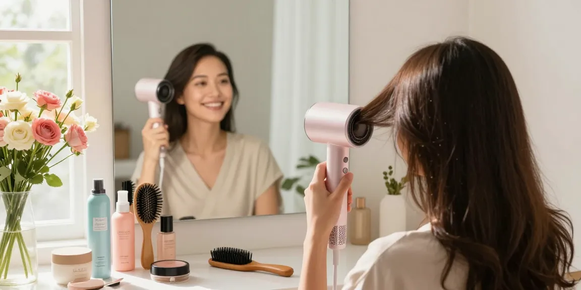 Woman styling hair with a mini hair dryer in a bright bathroom, surrounded by beauty products.
