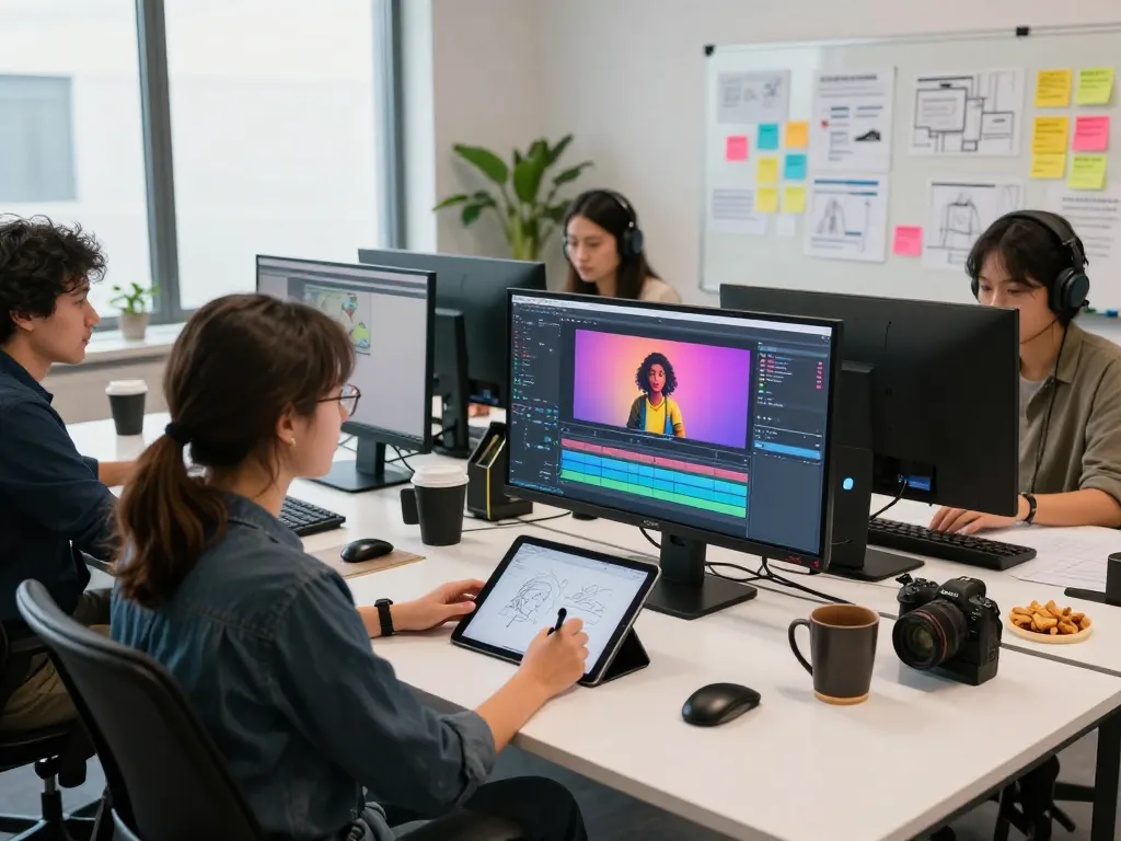 Team collaborating on motion control project at modern video editing studio, showcasing innovative digital animation techniques.