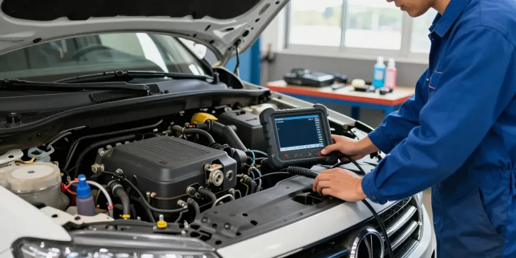 Mechaniker überprüft die DPF-Regeneration in einer hellen Werkstatt mit modernen Werkzeugen.