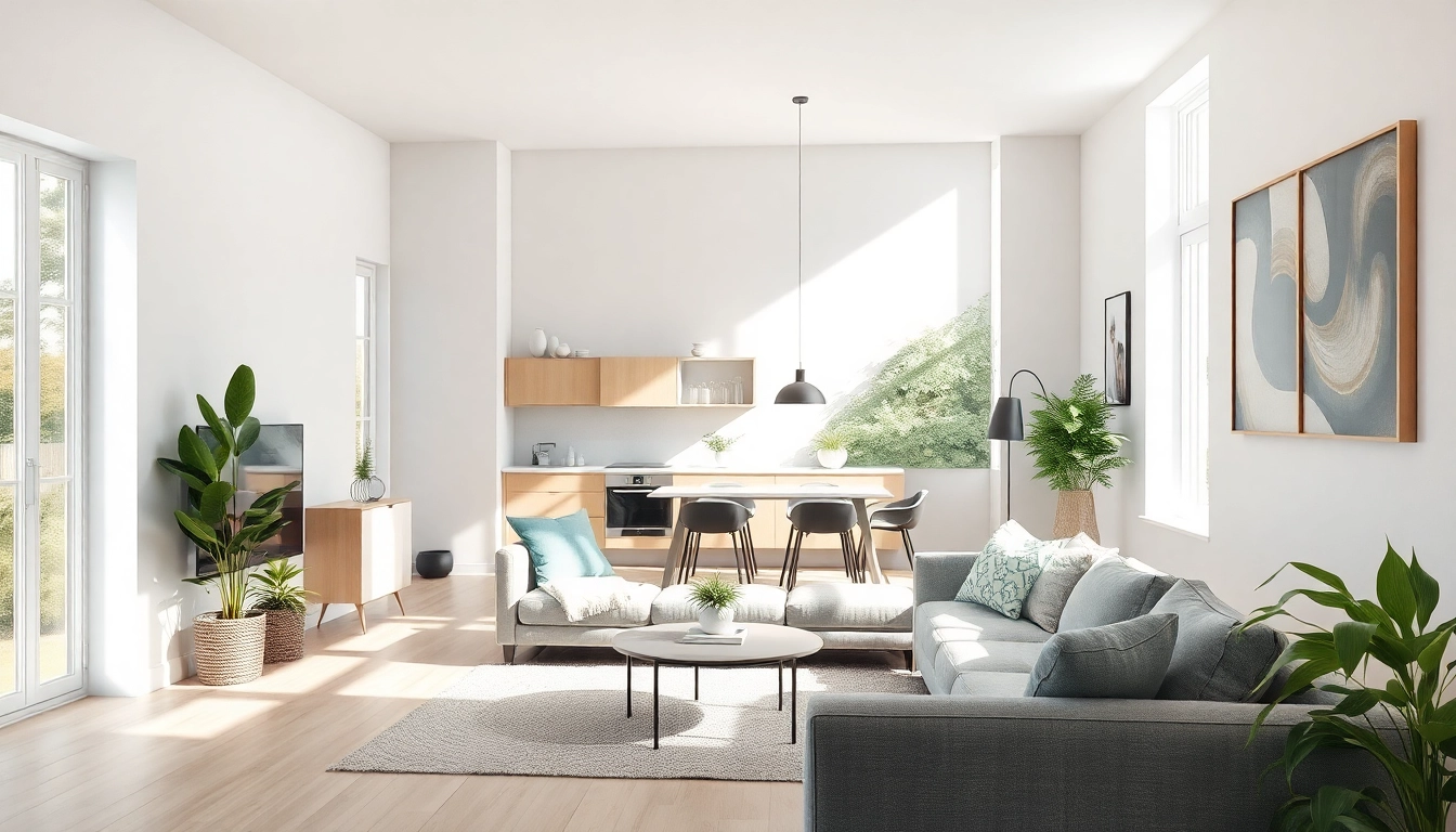 Illustration eines einladenden Wohnraums nach einer Hauseinrichtung, die Hausrenovierung in hellem, modernen Stil darstellt.
