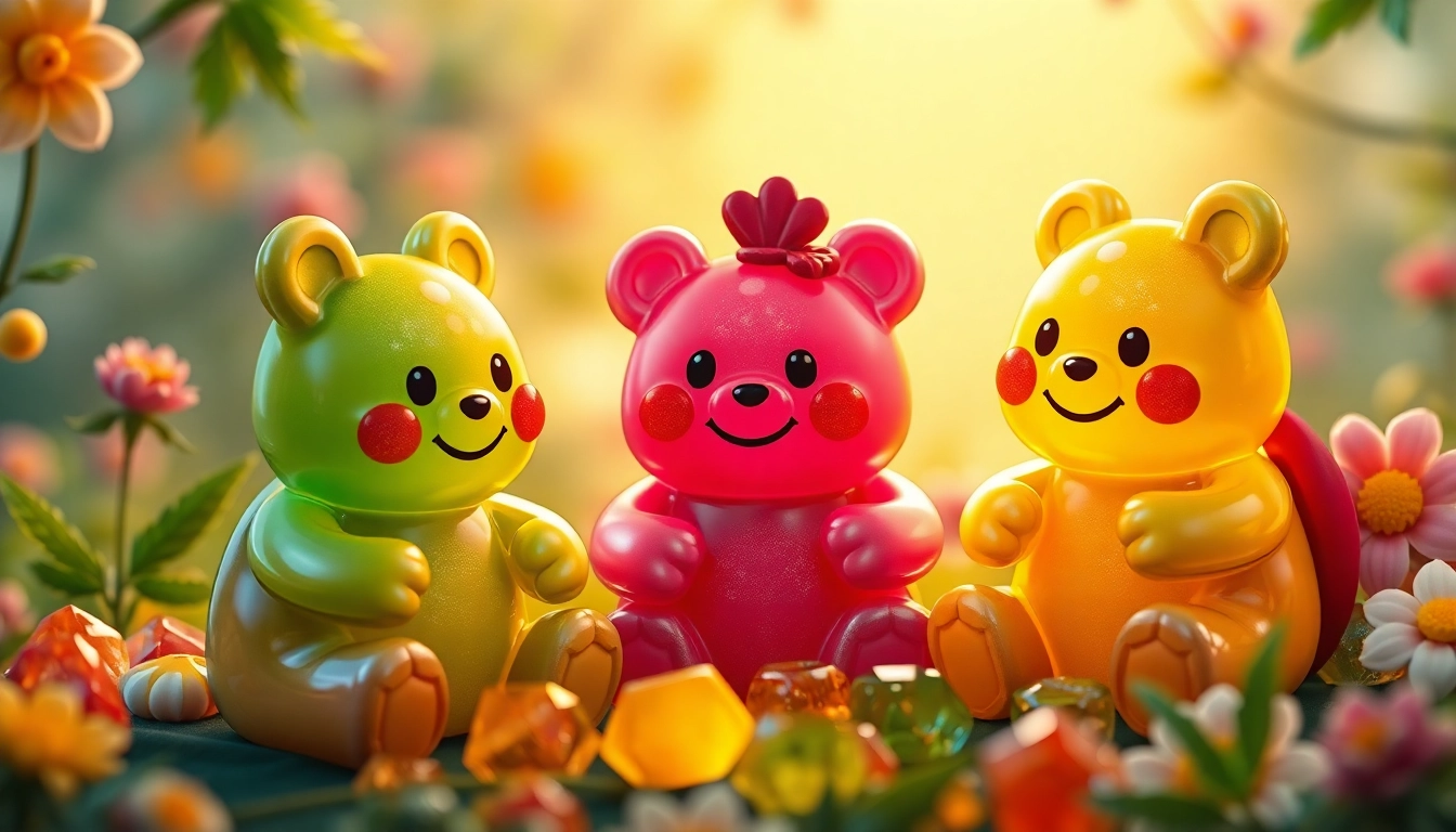 Genießen Sie thc gummy Gummibärchen in leuchtenden Farben, die in einer verspielten Präsentation angeordnet sind.