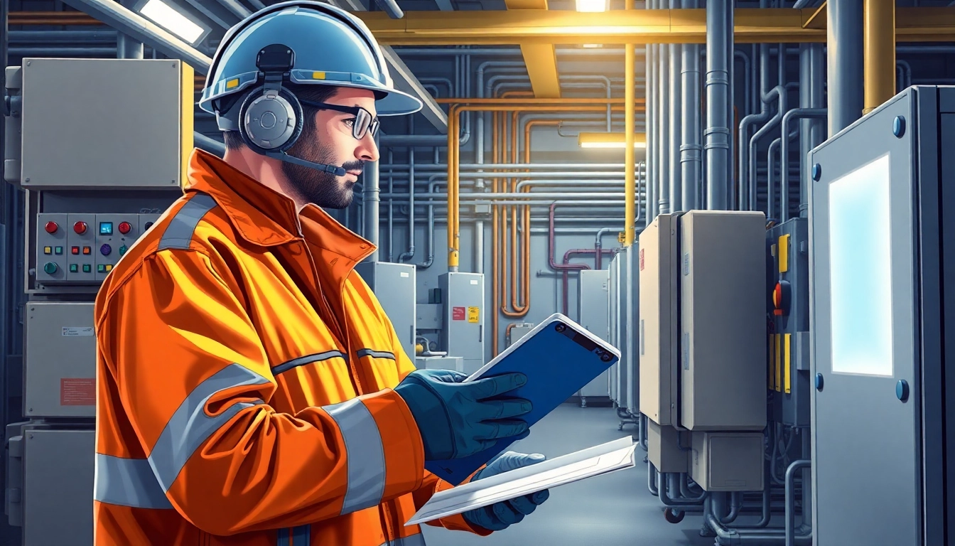 Technician performing DGUV V3 Prüfung on electrical equipment in a well-lit industrial environment, emphasizing safety and compliance.