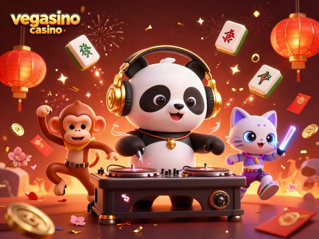 Experience dynamic gaming fun with vegasino casino's vibrant 3D cartoon scene featuring a DJ and playful characters.