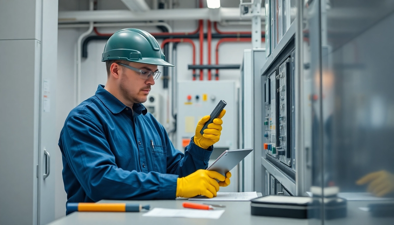 Technician performing a DGUV V3 Prüfung on electrical equipment in a well-lit, safe workspace.