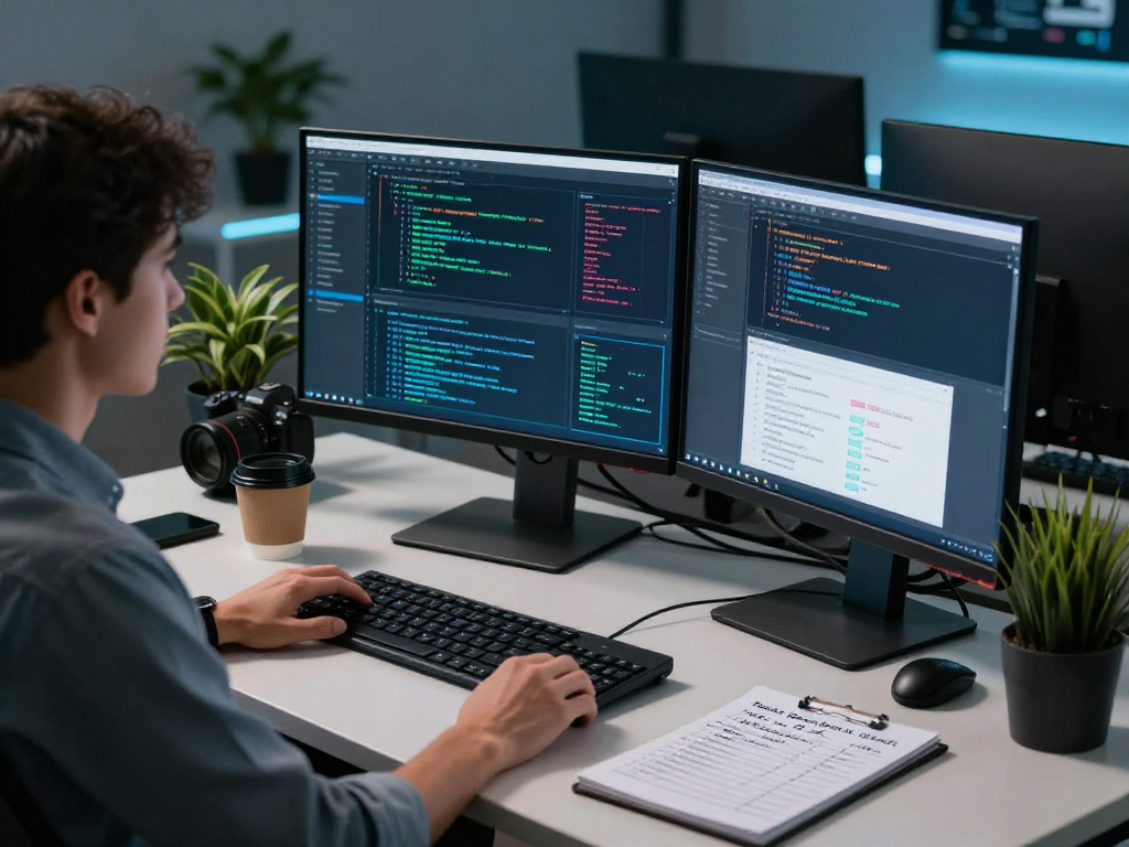 Daten- und IT-Sicherheit Dienstleistung in a modern workspace with cybersecurity analyst reviewing data security dashboards and coding environments.