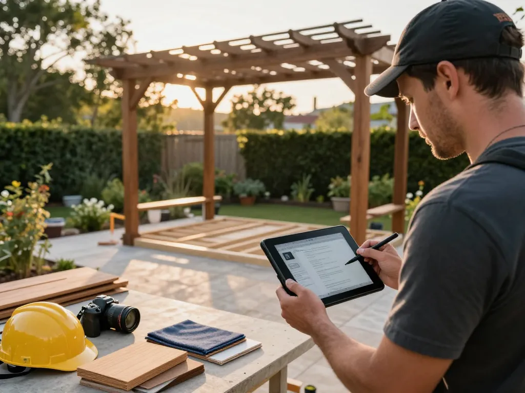 Installateur, der Software für die Gestaltung und Installation von Pergolen verwendet und Software für Pergola-Installateure in Aktion zeigt.