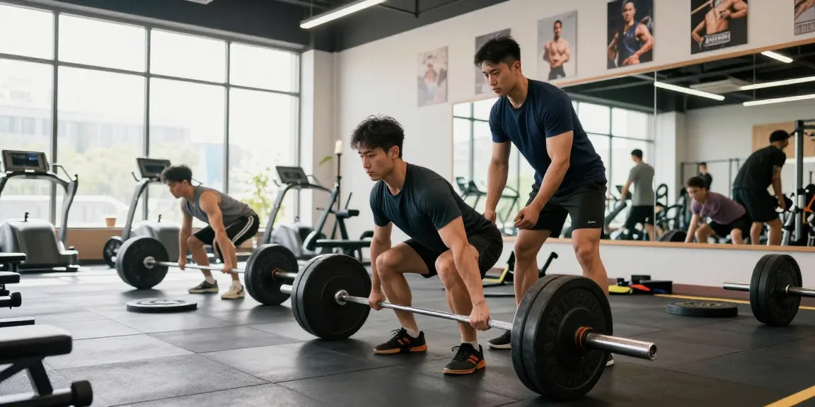 Anabolika Shop - Bodybuilder hebt Gewichte in modernem Fitnessstudio mit Coach und motivierender Atmosphäre.
