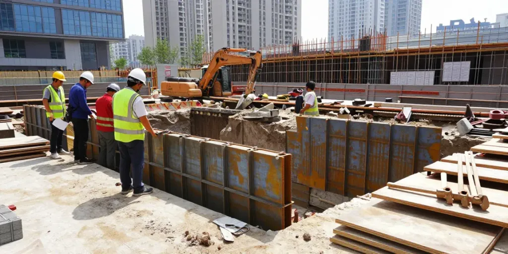 Baugrubensicherung auf einer Baustelle mit sicheren Schutzvorrichtungen