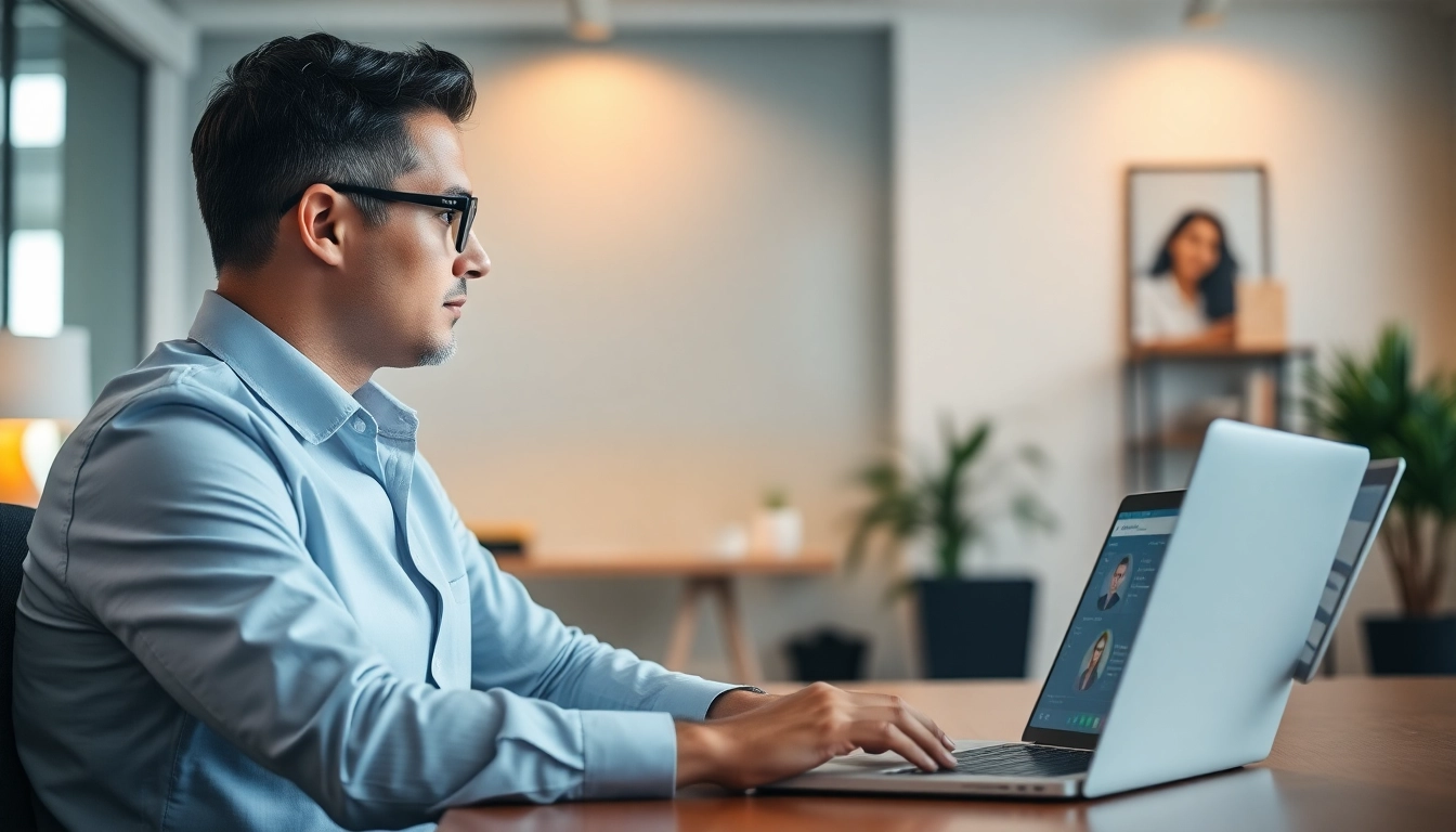Headhunter reviewing profiles on a laptop during a video call with potential candidates.