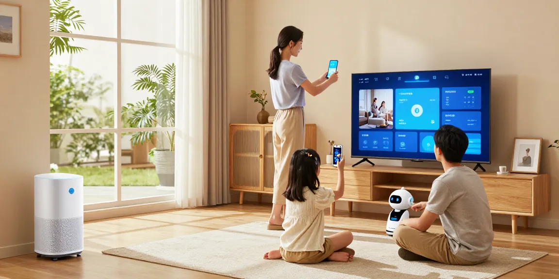 Family engaging with smart devices in a contemporary living room for a Smart Home Blog.