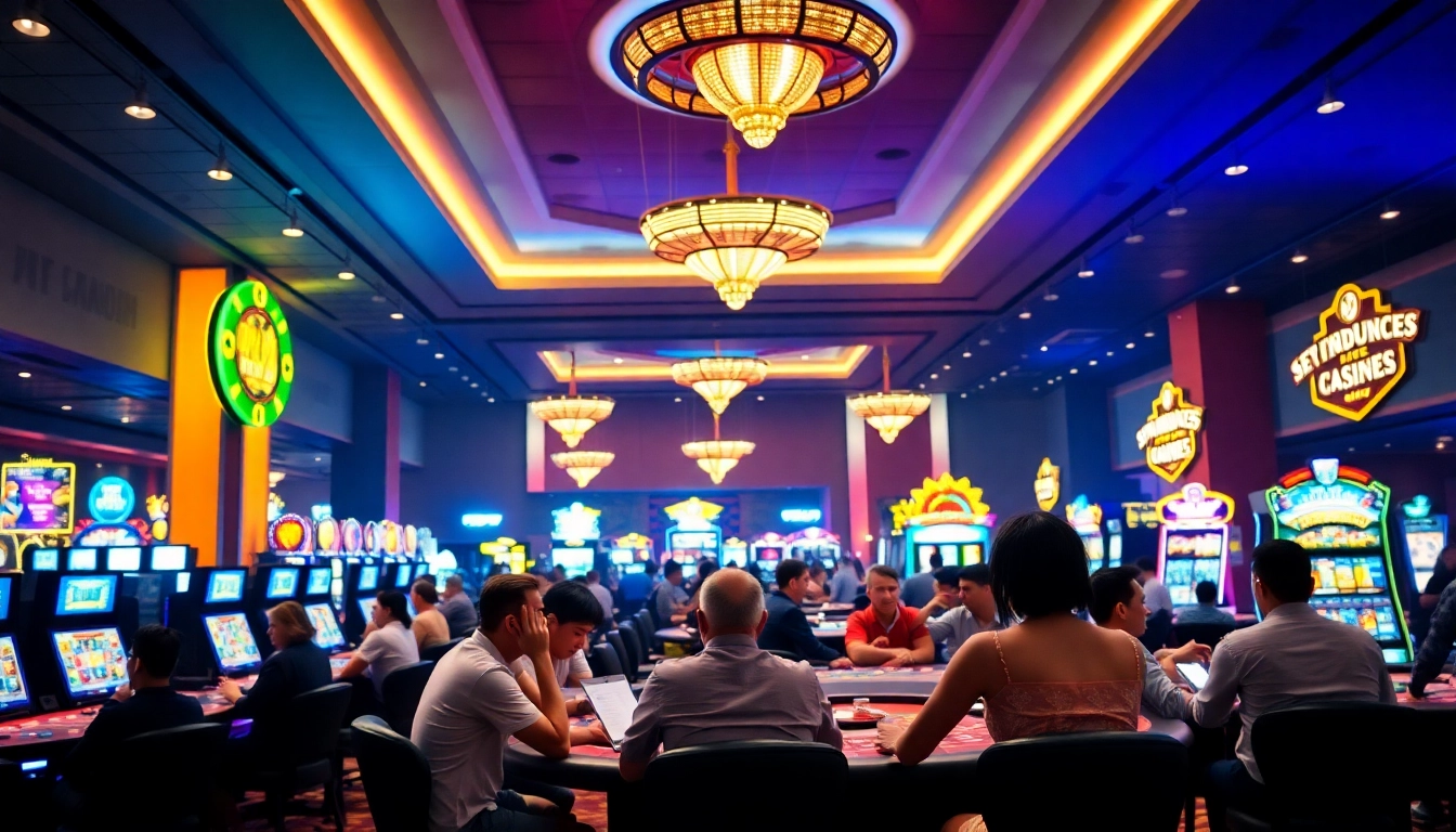 Players enjoying excitement in casinos ohne einzahlungslimit with bright lights and lively atmosphere.