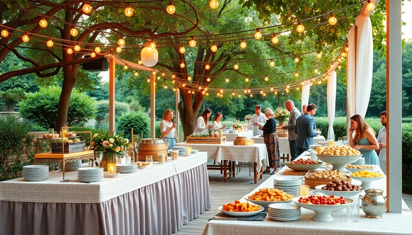 Partyservice setup with buffet table elegantly decorated for an outdoor celebration.