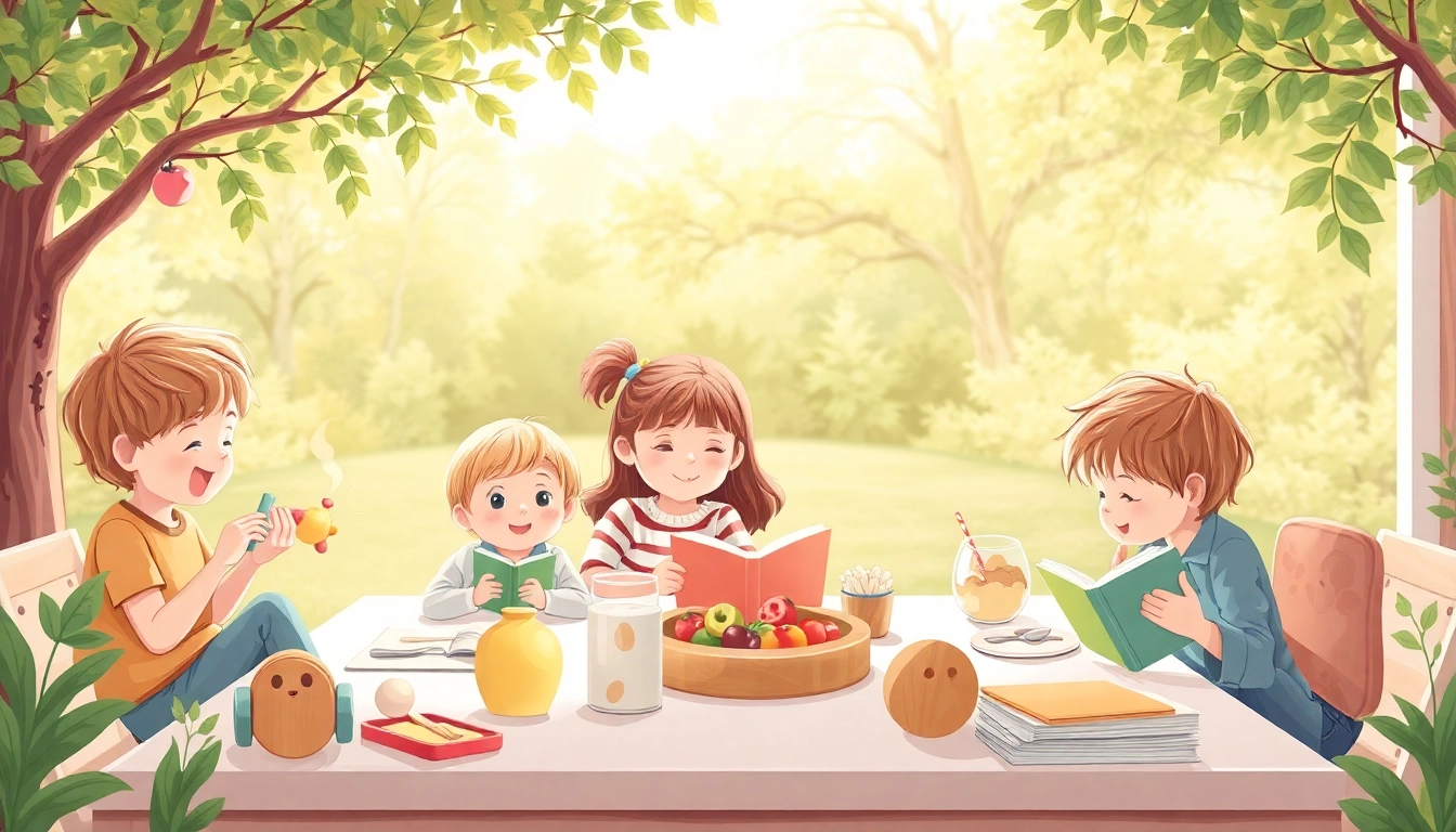 Kindererziehung zeigt Eltern und Kinder, die harmonisch zusammen spielen und lernen, und fördert positive Interaktionen.