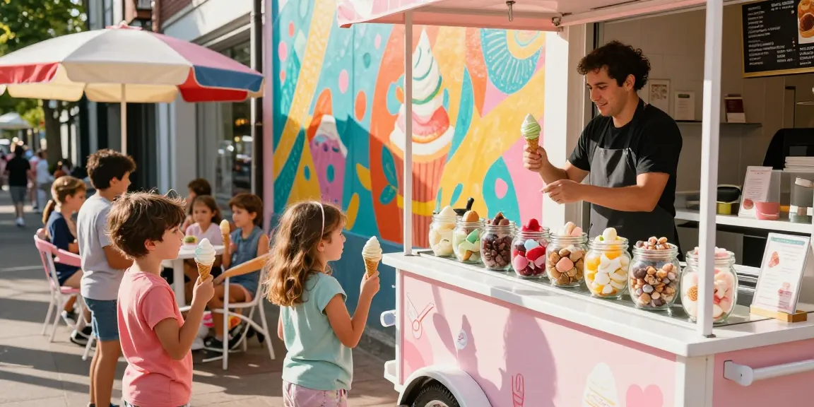 Delicious ice cream cones being enjoyed by families in the vibrant atmosphere of a rokok88 ice cream shop.