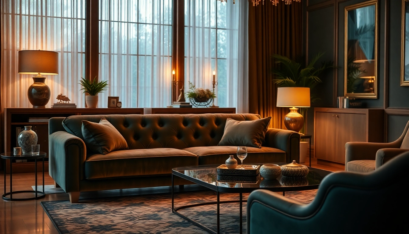Experience luxury with a beautifully arranged living room showcasing sumptuous velvet furnishings and exquisite decor.