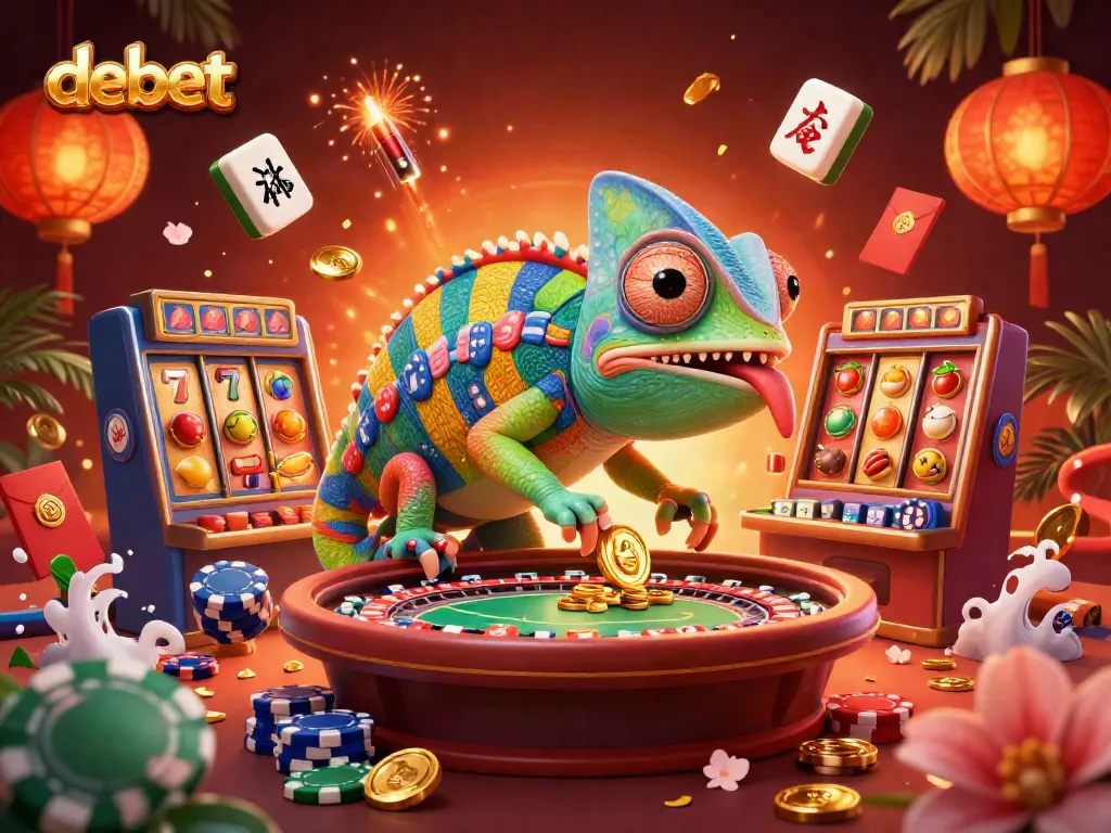 Experience the vibrant debet casino scene with a chameleon owner amidst slot reels and golden coins.