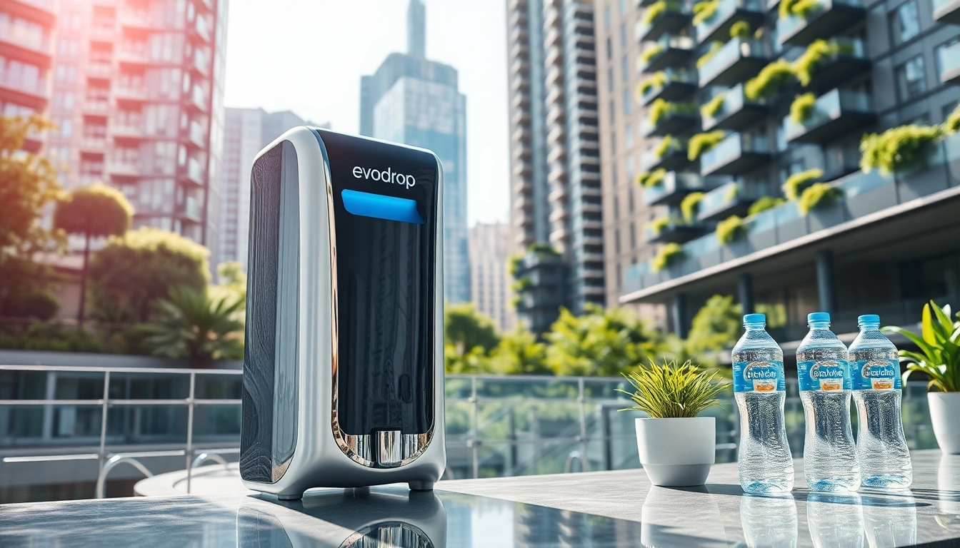 Evodrop Wasserfiltersystem in einer modernen Umgebung, das Reinheit und Innovation symbolisiert.