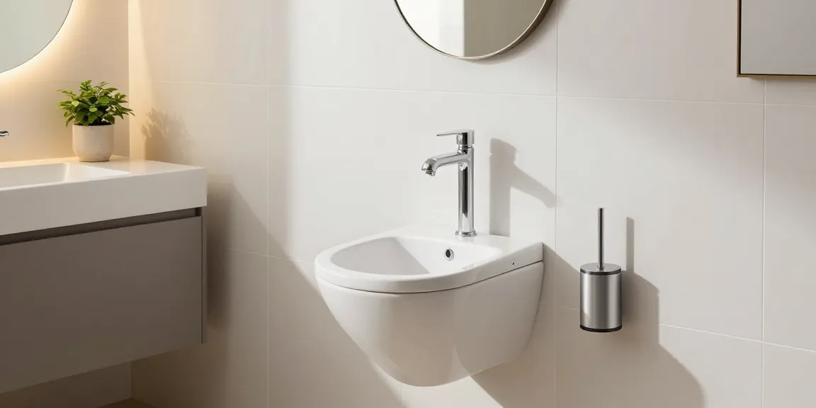 Modern hangend toiletpot in een stijlvolle badkamer met elegante decoratie en accessoires.