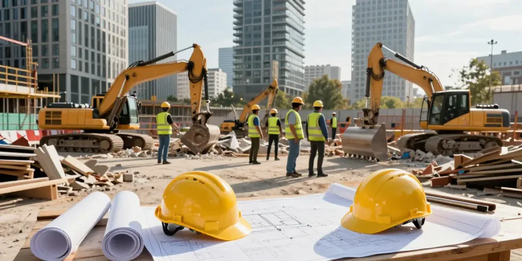 Professionelle Abbrucharbeiten in Wien mit Bauarbeitern und modernem Gerät.