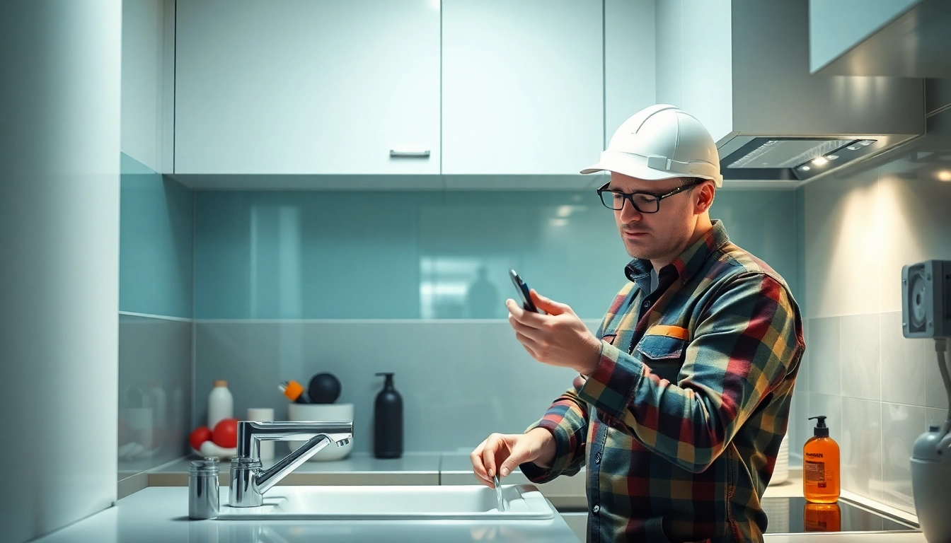 Professioneller Sanitär Notdienst in Aktion, während ein Klempner dringend einen Rohrbruch in der Küche repariert. Werkzeuge sichtbar, beruhigende Farben, Raum wirkt professionell und einladend.