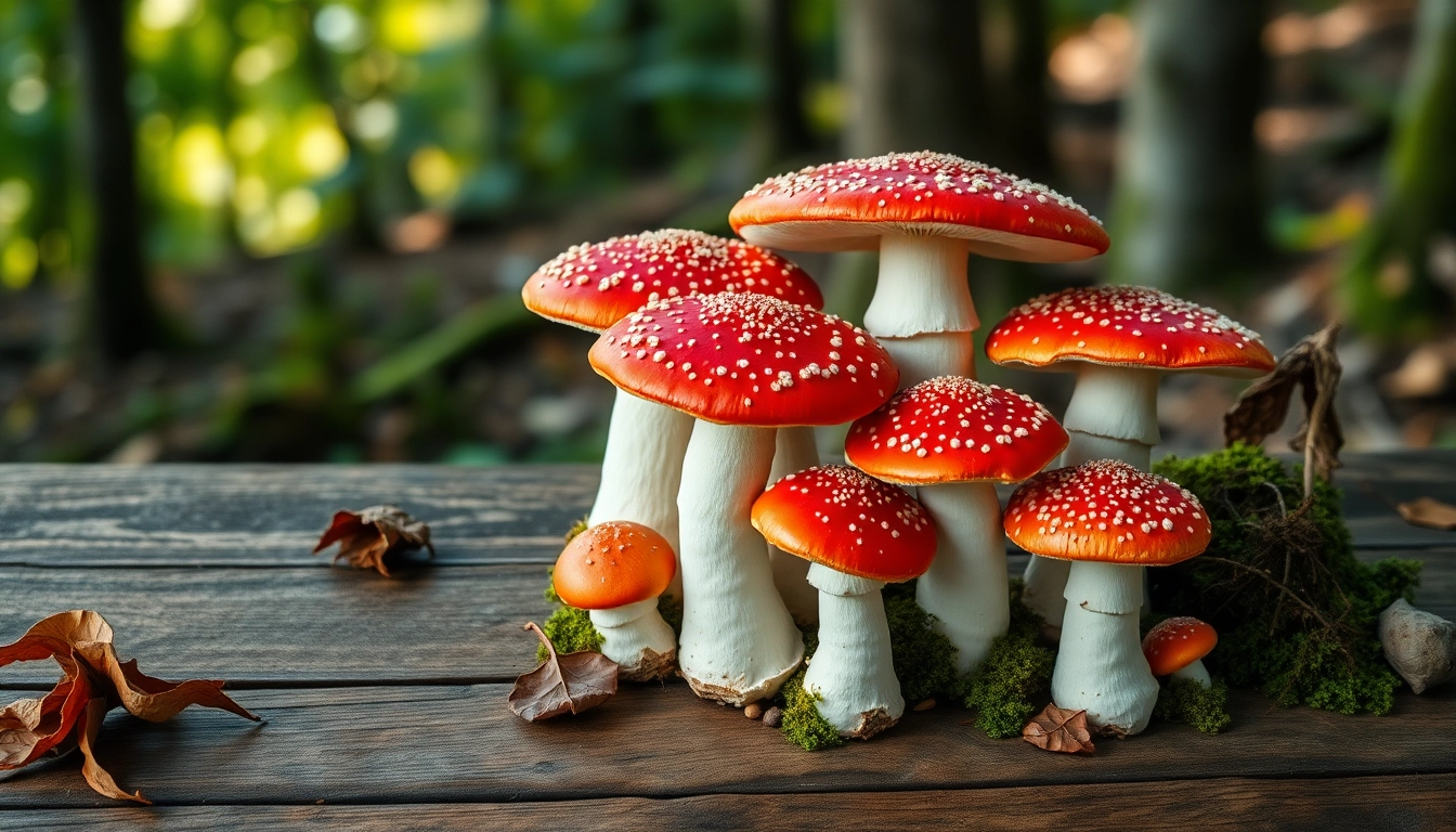Fliegenpilz bestellen: Hochwertige Amanita muscaria auf einem rustikalen Tisch.