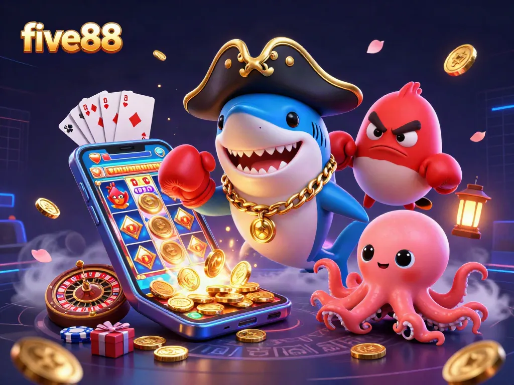 Experience the excitement of five88 with a lively casino scene featuring a shark, pufferfish, and octopus.