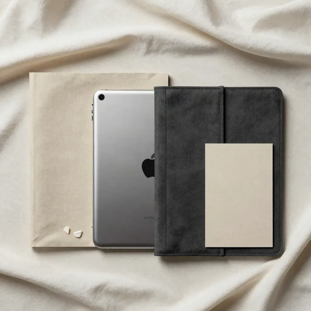 Flatlay eines Print-und-Digital-Abos mit Magazin, Tablet-Hülle, Jacke und Stoff auf hellem Stein.