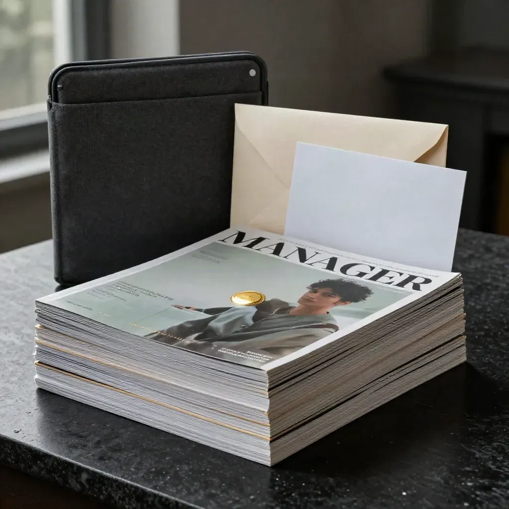 Magazin-Jahresabo mit Heftstapel, Beileger, Tablet-Hülle und Brief auf dunkler Fläche.