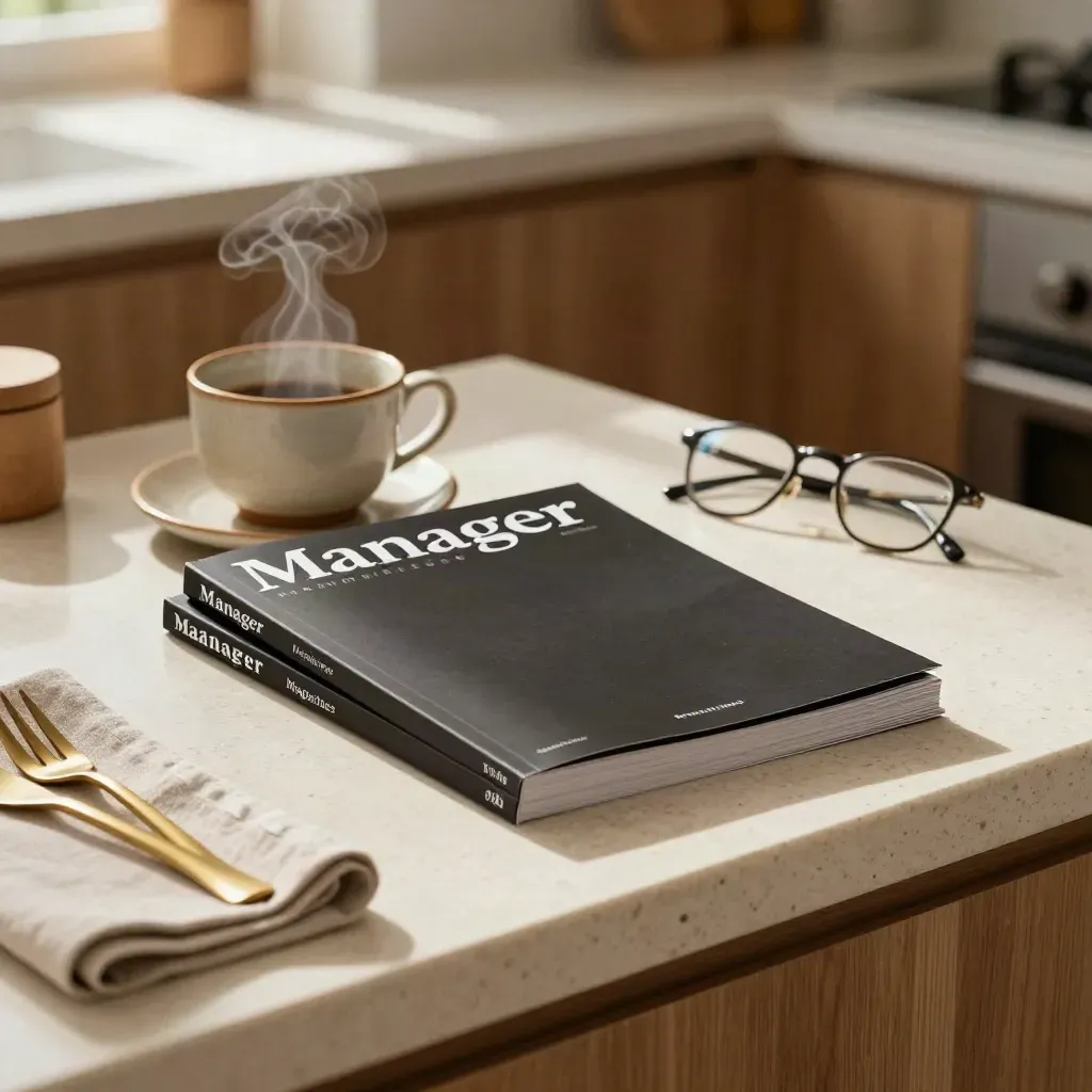 Magazin, Tasse, Brille und Heftstapel auf Travertin mit aufsteigendem Dampf
