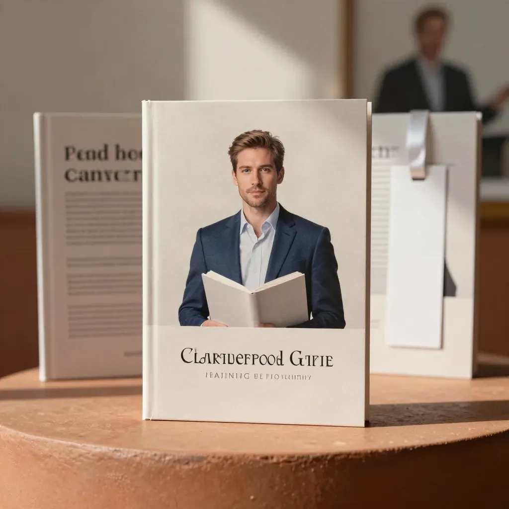 Slimmer Karriere-Magazin mit zwei Broschüren und Lesezeichen auf Terrakottasockel im Lichtstrahl.