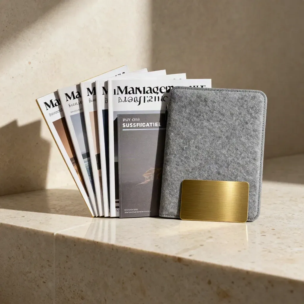 Magazin-Bundle mit Tablet-Hülle, Metallkarte und Papiermailer auf hellem Stein.