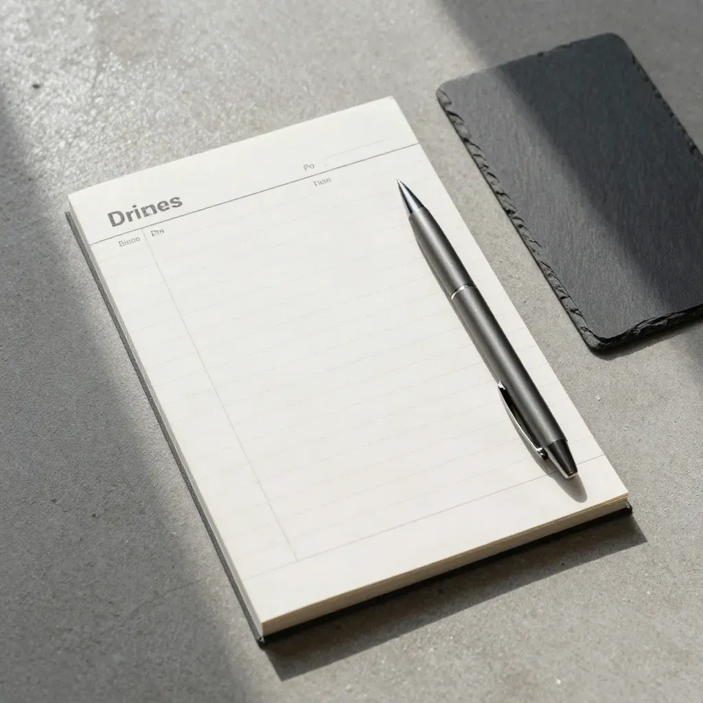 Checklisten-Heft, Stift und lose Blätter in sauberer Draufsicht auf Beton