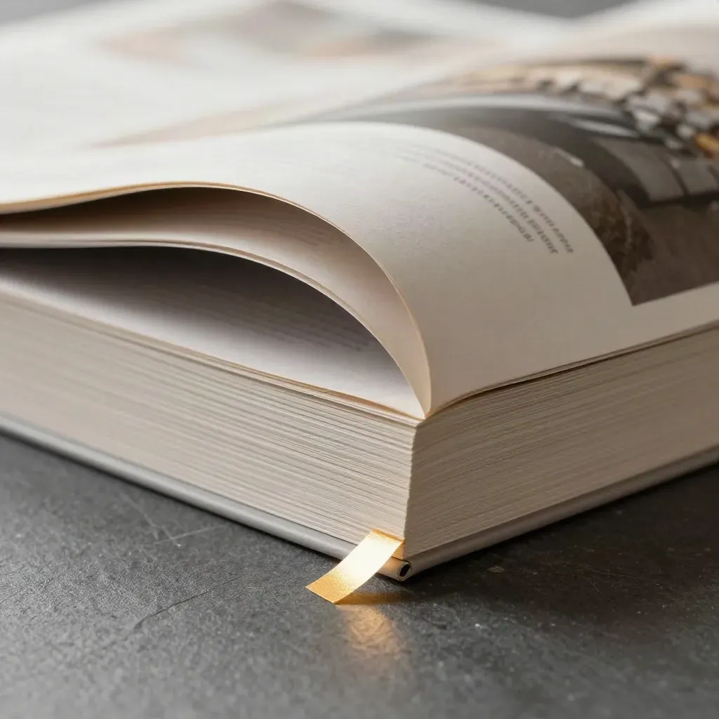 Makro eines Magazin-Hefts mit umgeknickter Ecke und goldener Papierbinde auf Schiefer.